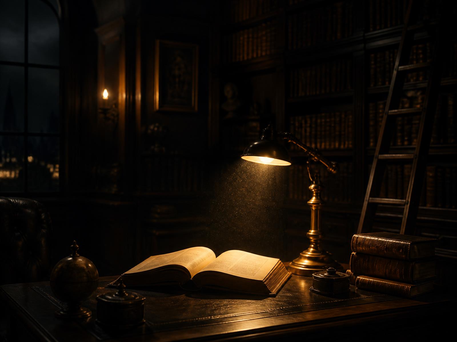 Sala de leitura à noite com lâmpada de bronze sobre um livro aberto